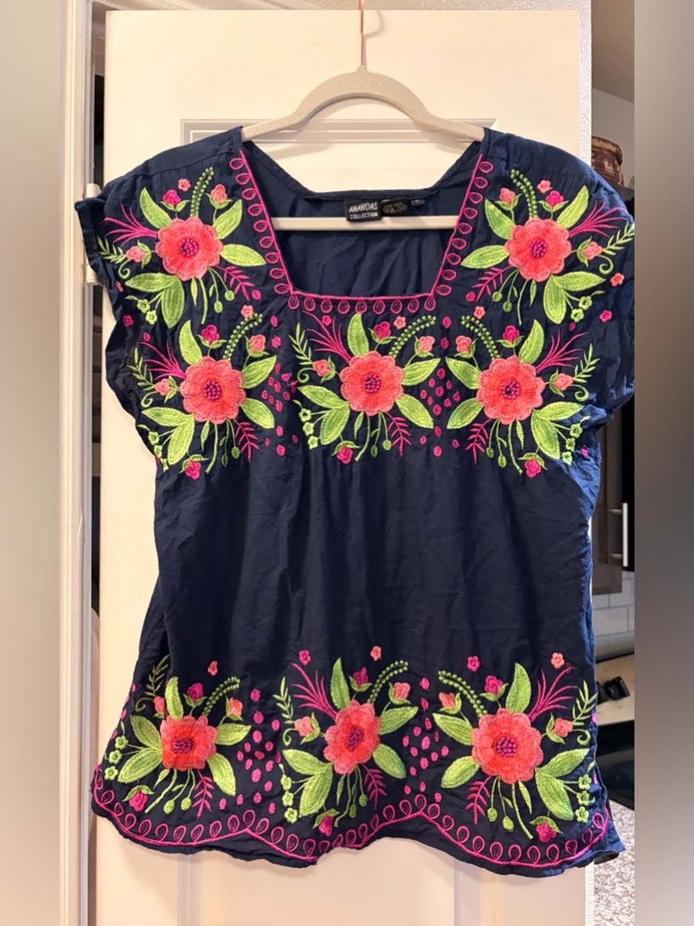 Amanda Rose Collection Navy Floral Embroidered Square-Neck Blouse